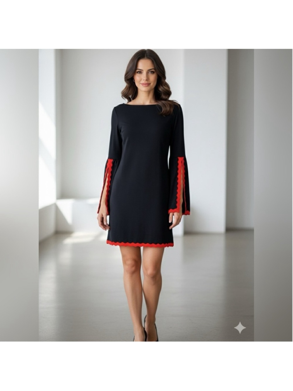 Tenax Black Boat Neck Split Sleeve Red Trim Mini Dress Made in Italy IT 44/ US 8